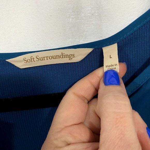 Soft Surroundings Alix Long Sleeve Mixed‎ Media Asymmetrical Hem Teal Blouse Lg - Picture 3 of 6